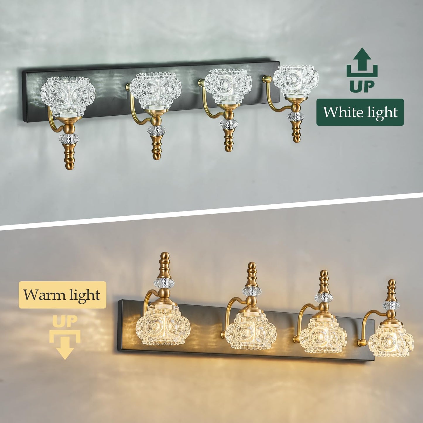 Lbsqj Bathroom Light Fixtures  Modern Glass Crystal Bathroom Vanity Light Vintage Bathroom Lighting Fixtures Over Mirror 4 Light Vanity Lights G9 Bulb (27.55 Inch  Black Gold)