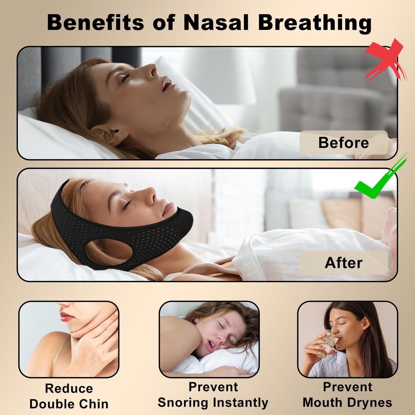 Sleep Apnea Devices - Chin Strap for Sleeping, Airflow Jaw Strap, Effective Anti Snoring Solution for Men and Women, Anti Snore Devices Breathable and Reusable (Black & 52CM & 1PCS）