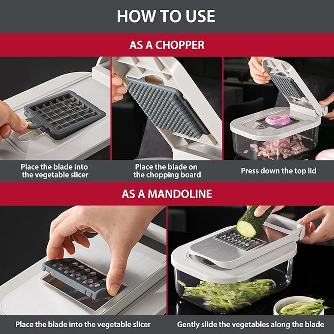 11-in-1 Vegetable Chopper for Kitchen, Food Chopper with Container, Mandoline Slicer Onion Dicer, Veggie Cutter for Fruit Salad Kitchen Gadgets Essential Tools (Grey)