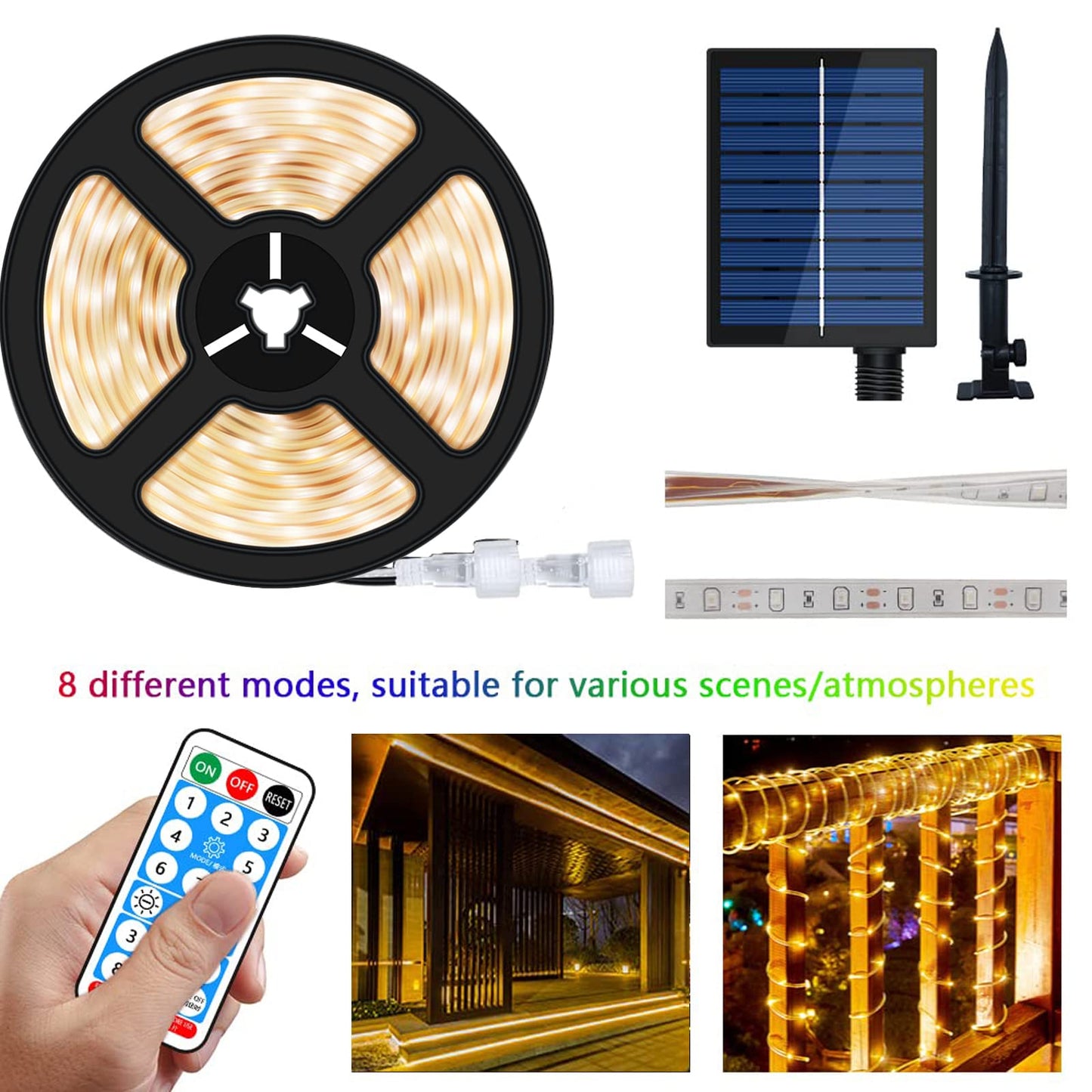 Uniontang Solar LED Strip Lights, 16.4ft, 280 LEDs, IP67 Waterproof, Warm White, with Remote Solar Panel Control Box