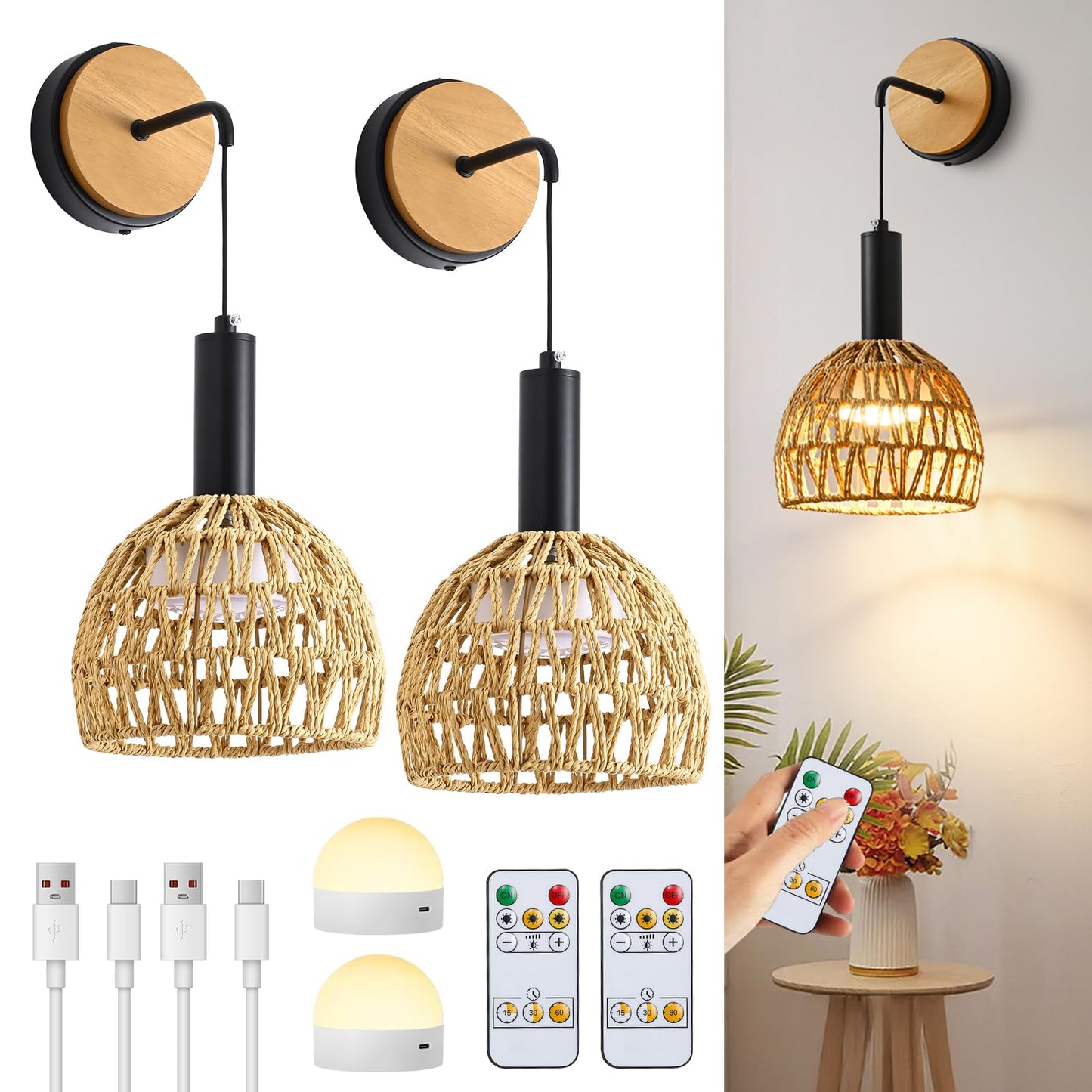 Zlierop Rattan Wall Sconce Set of 2, Battery Operated, Remote Control, Dimmable, Black, Model 630686ab