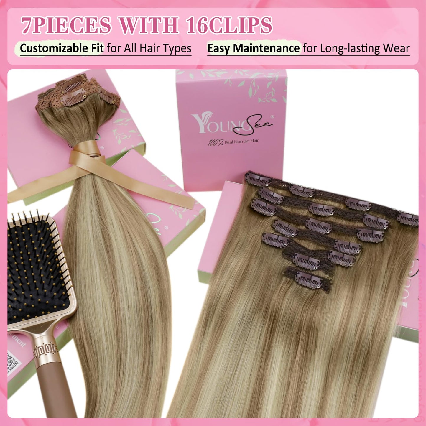 YoungSee Clip in Hair Extensions Real Human Hair Brown Balayage Clip in Extensions Light Brown with Blonde Balayage Hair Extensi