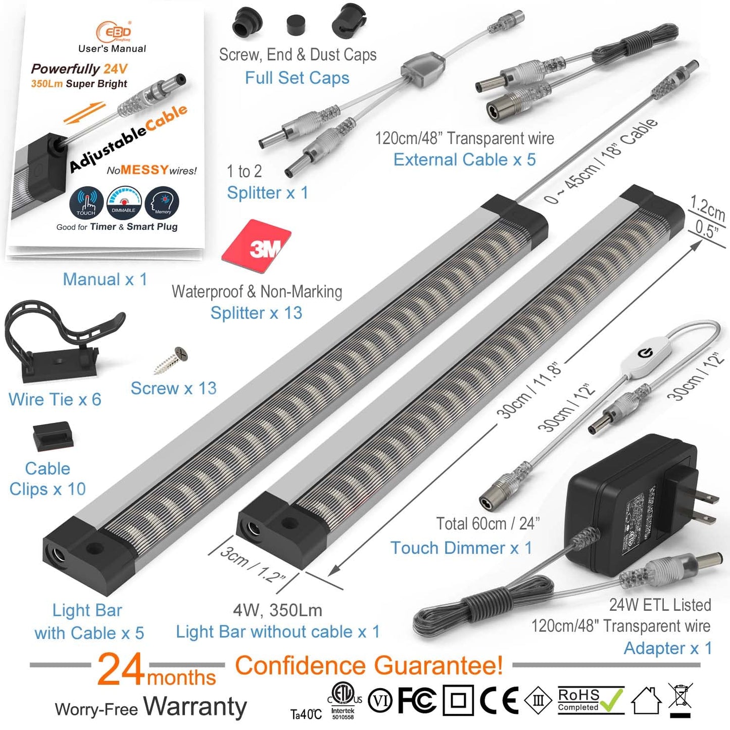Ebd Led Under Cabinet Lighting Built-In Adjustable Cable & 2-Way Splitter  6 Panel Under Counter Lights For Kitchen 6500K 2100Lm Super Bright Closet Light For Timer