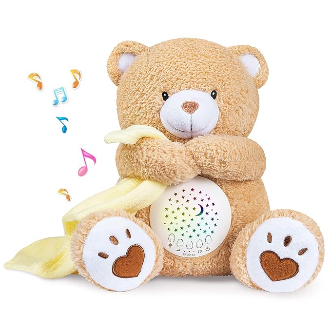 BEREST Baby Sleep Soother Bear, Mom's Heartbeat & Lullabies White Noise Machine, Nursery Decor Night Light Projector, Toddler Crib Sleeping Aid, Newborns Shower Gifts Portable Teddy