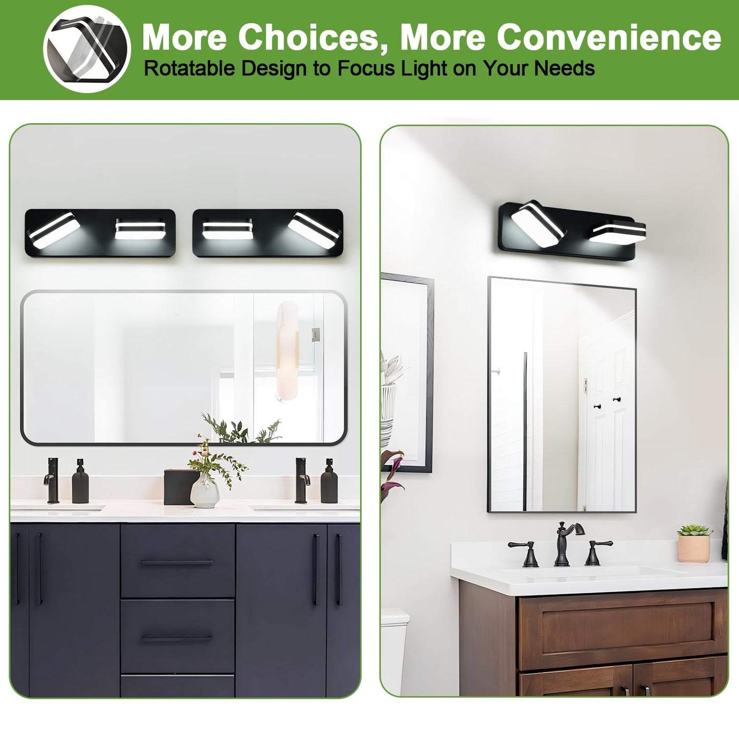 1000Lm Led Modern Bathroom Vanity Light Fixtures  360?Rotate Acrylic Matte Black Vanity Lights For Bathroom  Modern Wall Lighting Fixtures Over Mirror Kitchen Living Room (Natural White Light 5000K)