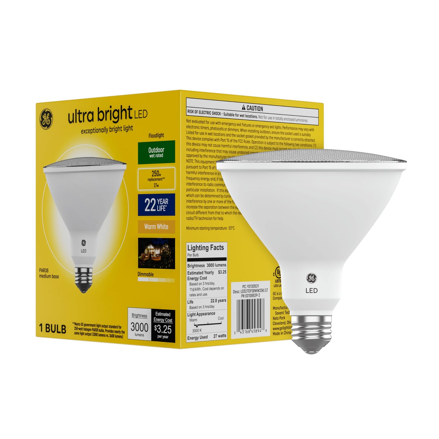 GE Ultra Bright LED Floodlight Bulb, 32W, Warm White, Wet Rated, 1 Pack, Model 45894, Plastic