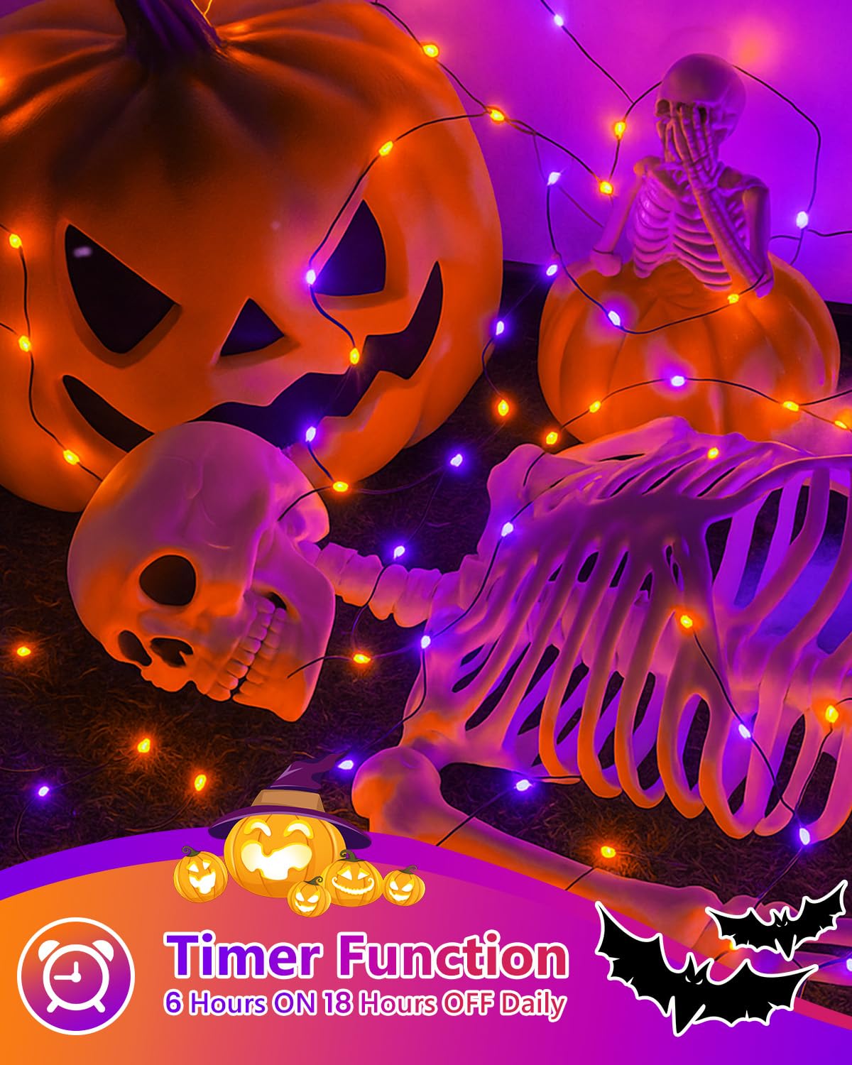 BOSSERN 4 Pack 60LED Fairy Lights, Battery Operated, Waterproof, 20FT, Black Wire, Halloween Decor, Purple & Orange
