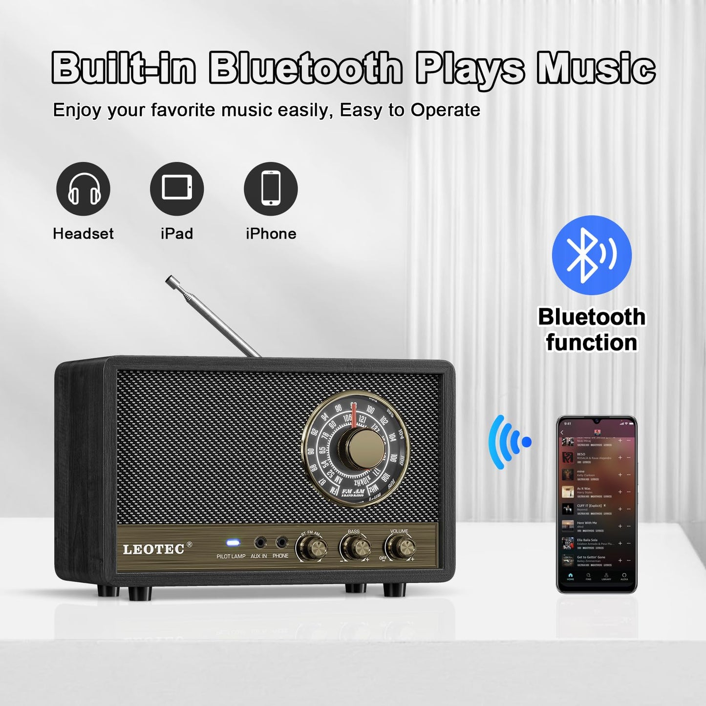 Leotec Am Fm Radio,Retro Wood Table Radio,Portable Bluetooth Speaker Plug In Wall,Best Reception With Aux,Headphone Jack,Bass Co