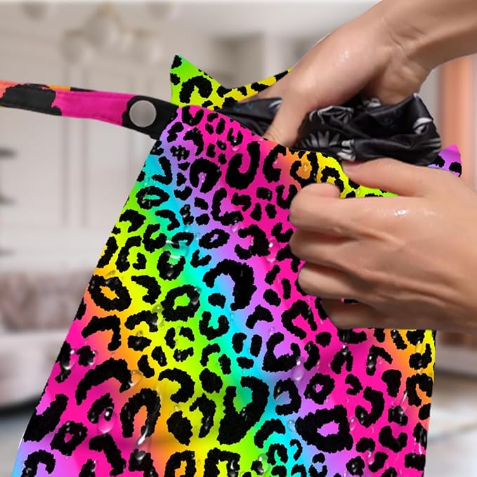 4 Pack Colorful Rainbow Neon Leopard Wet Bag Waterproof Washable Reusable Wet Dry Bag for Swimsuit Clothes Cloth Diaper Travel Beach Pool Yoga Gym Toiletries Gift for Women Friend Birthday Christmas