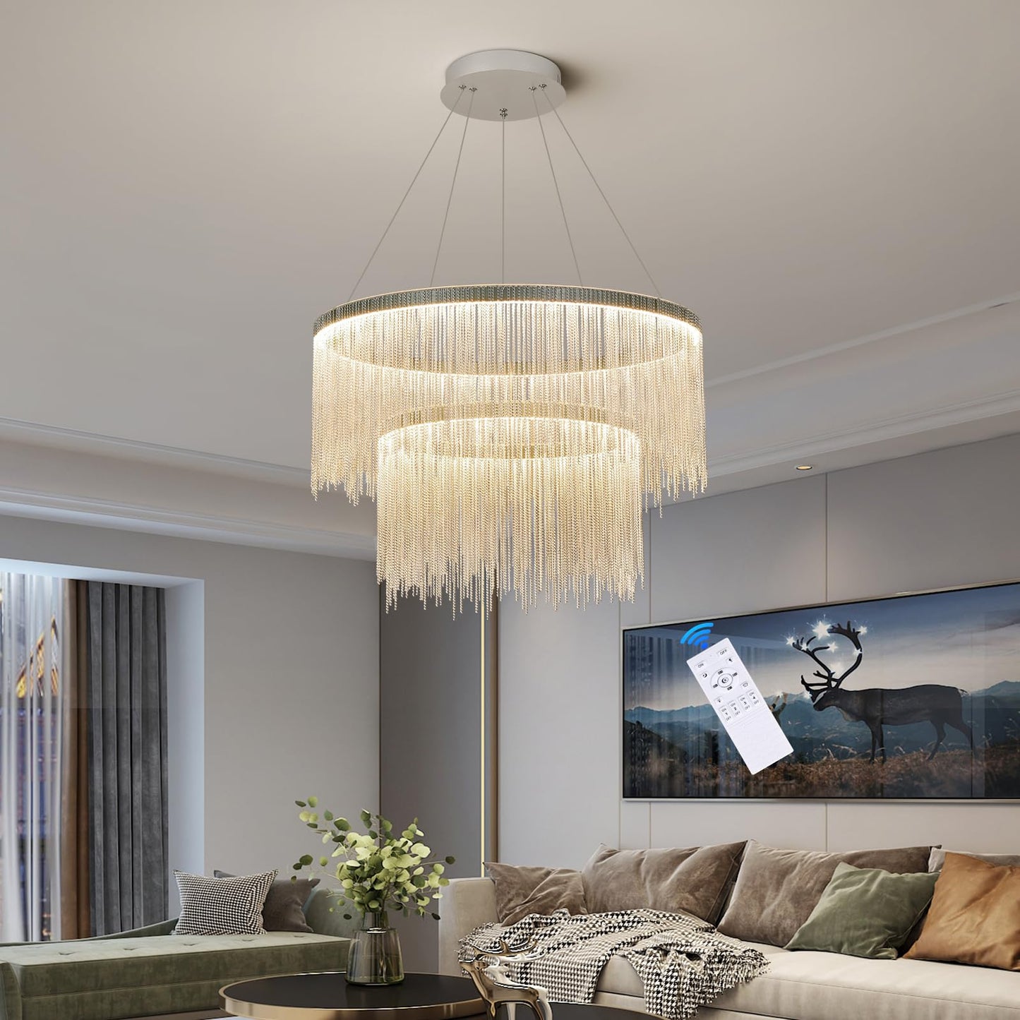 Puvaue Aluminum Ring Chandelier, LED Hanging Light Fixture, D23.6 Inch, Silver, Remote Control for Dining Room, Living Room, Bedroom