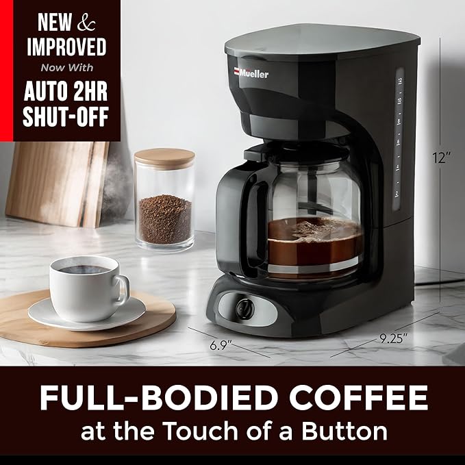 Mueller 12-Cup Drip Coffee Maker - Borosilicate Carafe, Auto-Off, Reusable Filter, Anti-Drip, Keep-Warm Function, Clear Water Level Window Coffee Machine, Kitchen Essentials & Accessories