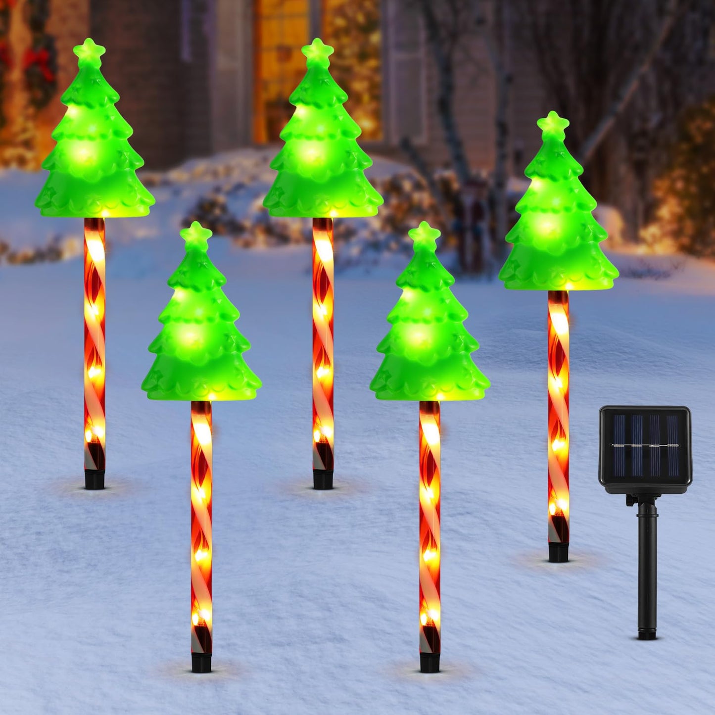 Lewondr Solar Christmas Pathway Lights, 5 Pack, Warm Light, Waterproof, Model HD250153, with Red Pole and Garden Stake