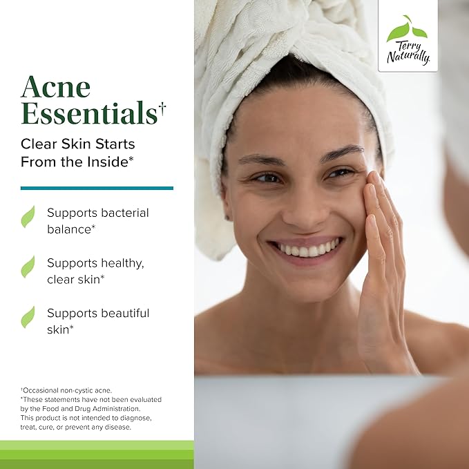 Terry Naturally Acne Essentials - Skin Support Supplement for Clear Skin - Supplement with Vitamins A, C & Zinc - Skincare Supplement for Occasional Acne - 60 Capsules (60 Servings)