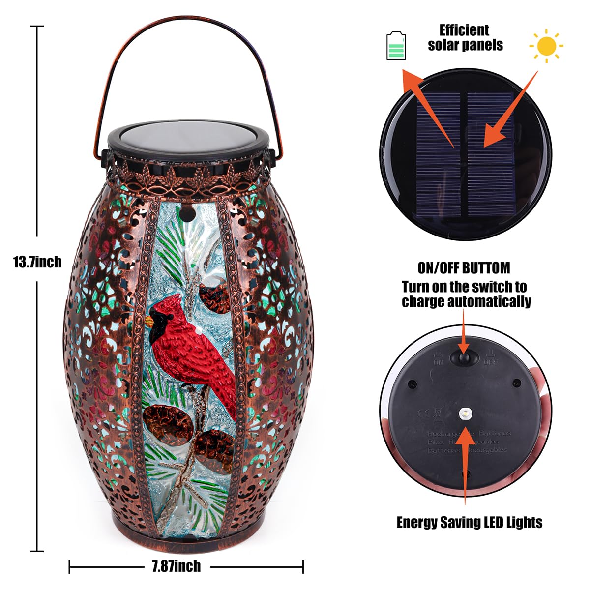 Chinzimei Solar Lantern - Cardinal Metal Led Light, Waterproof Hanging Design For Patio, Garden & Table, Model 183-9