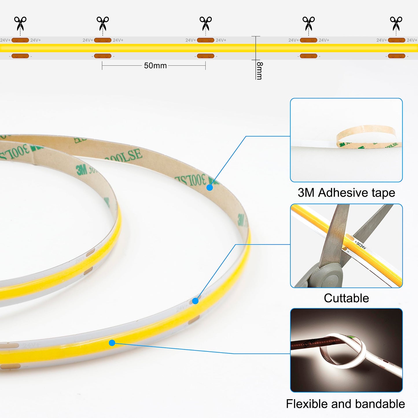 AXMOTUT COB LED Strip Light 32.8ft, 320 LEDs, 4000K Natural White, Dimmable, RF Remote, UL Power Supply, 2 Rolls of