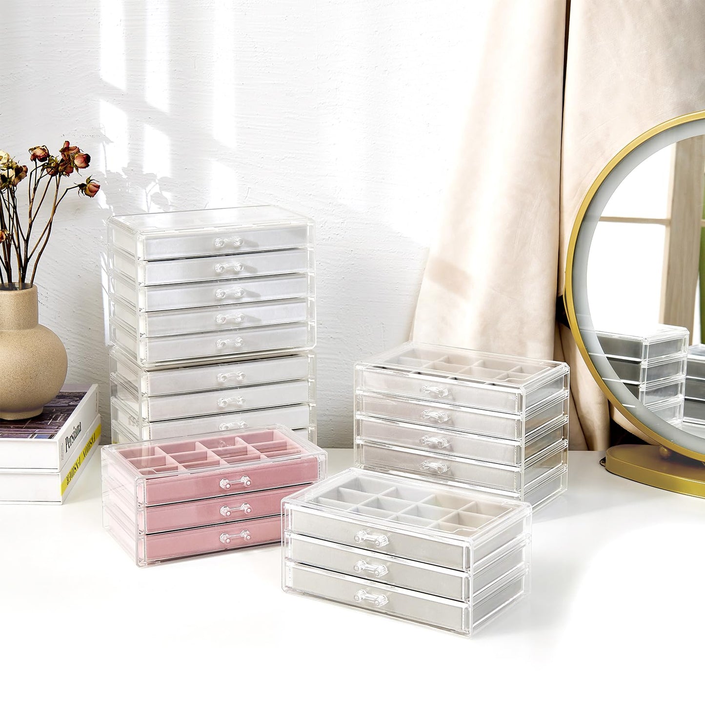 ProCase Earring Holder Organizer Jewelry Box with 3 Drawers, Acrylic Clear Earring Case with Adjustable Velvet Trays for Women -