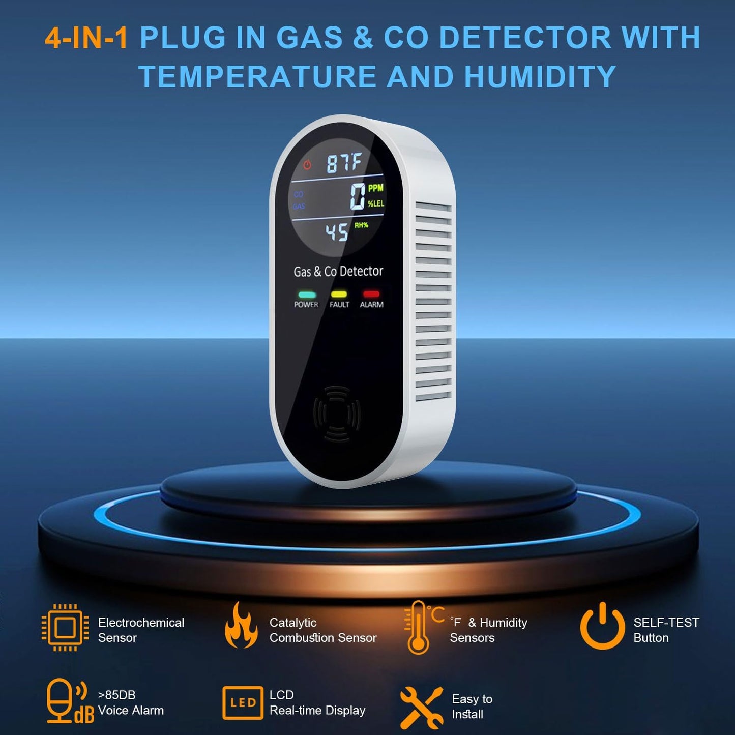 KH Alert Plug in Carbon Monoxide and Natural Gas Detector, Combination Gas & Carbon Monoxide Detectors for Travel with Temperature Humidity Display, 4 in 1 CO and Gas Detector for Home/Travel(1 Pack)