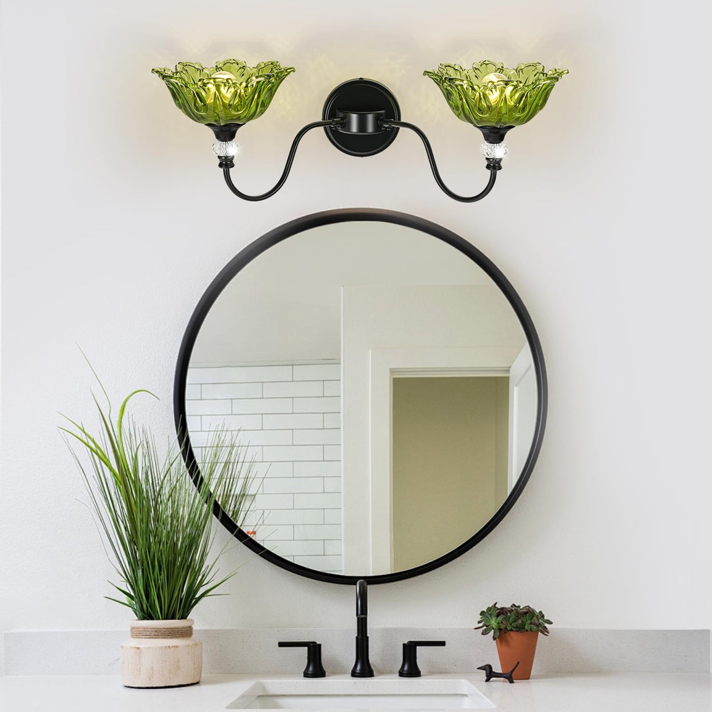 Sunkryster Black Bathroom Vanity Light  2-Light Vanity Light With Floral Green Glass Shades Vintage Farmhouse Wall Mount Lighting For Bathroom  Dressing Table