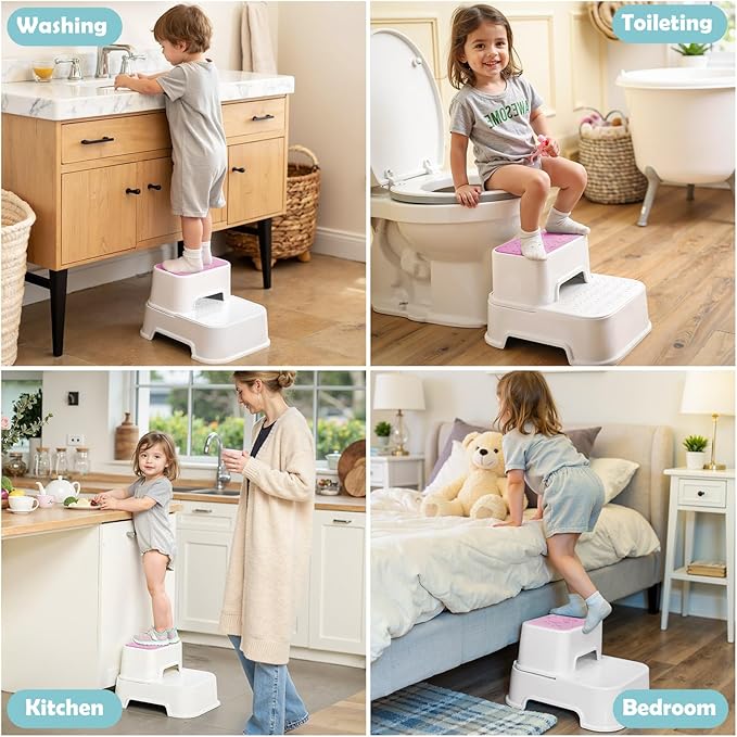 2-Step Stool for Kids - Toddler Anti-Slip Step Stool for Bathroom Sink/Toilet Potty Training/Kitchen Counter, 10" Height, 220 lbs Capacity, Durable & Stable (2Packs Pink)