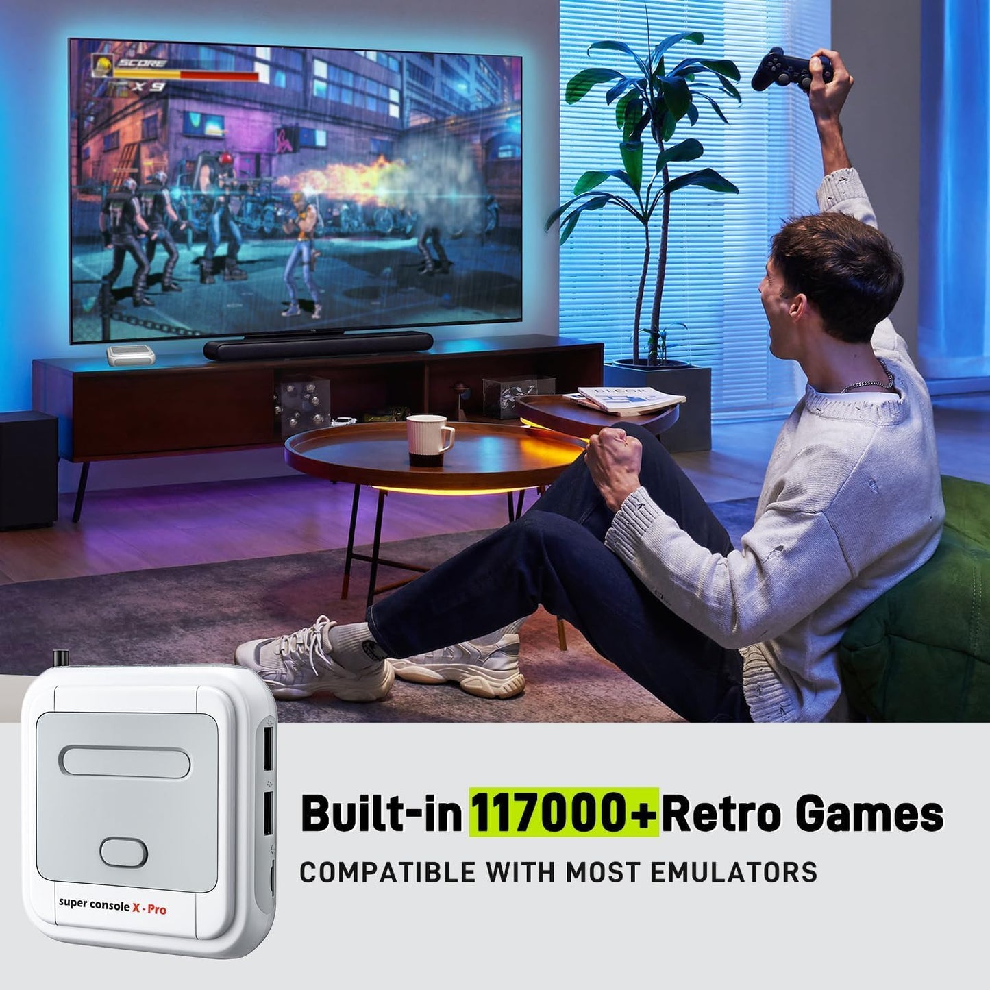 Super Console X Pro Retro Game Console with 117000+ Games, 4K TV HD/AV Output Video Game Console, TV & Game System in 1,Compatible with 63+ Emulators,with 2 Wireless Controllers