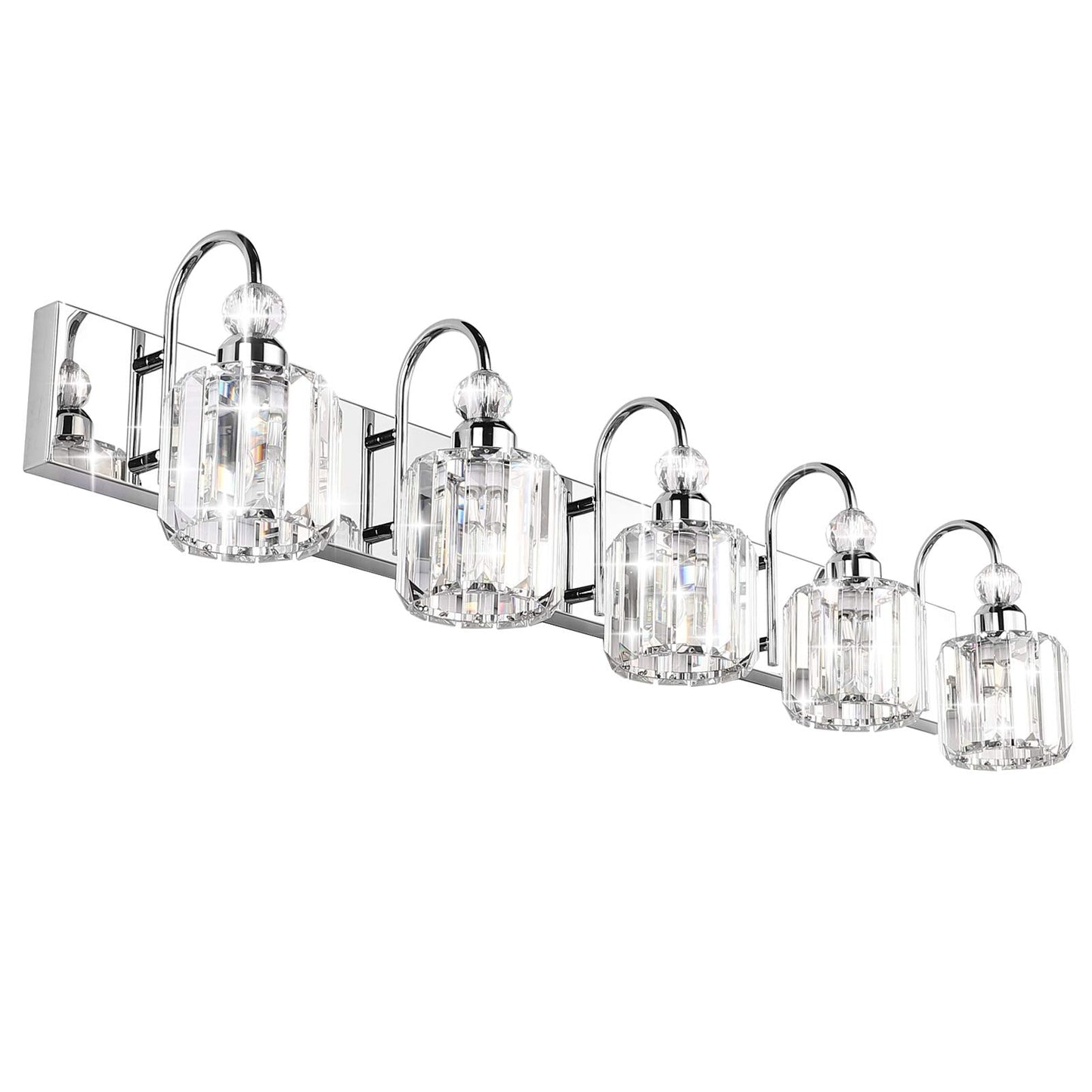 Ralbay 5-Light Modern Led Crystal Bathroom Vanity Lights, Stainless Steel Over Mirror Fixture, Round-Chrome Finish, Model 8600