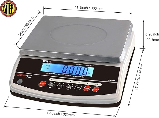 VisionTechShop TVD-12 Digital Bench and Counter Scale, Lb/Oz/Kg/g Switchable, 12lb Capacity, 0.002lb Readability, Counting and Percentage Mode, Single Display, NTEP Legal for Trade, CC# : 20-032