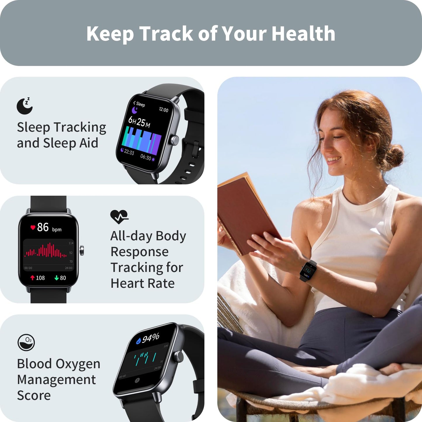Smart Watches for Men Women, 1.8" Screen Activity Tracker, Heart Rate/Sleep/SpO2 Monitor, Make/Answer Calls, IP68 Waterproof Smartwatch for iPhone & Android, 101+ Sport Modes Fitness Reloj Inteligente