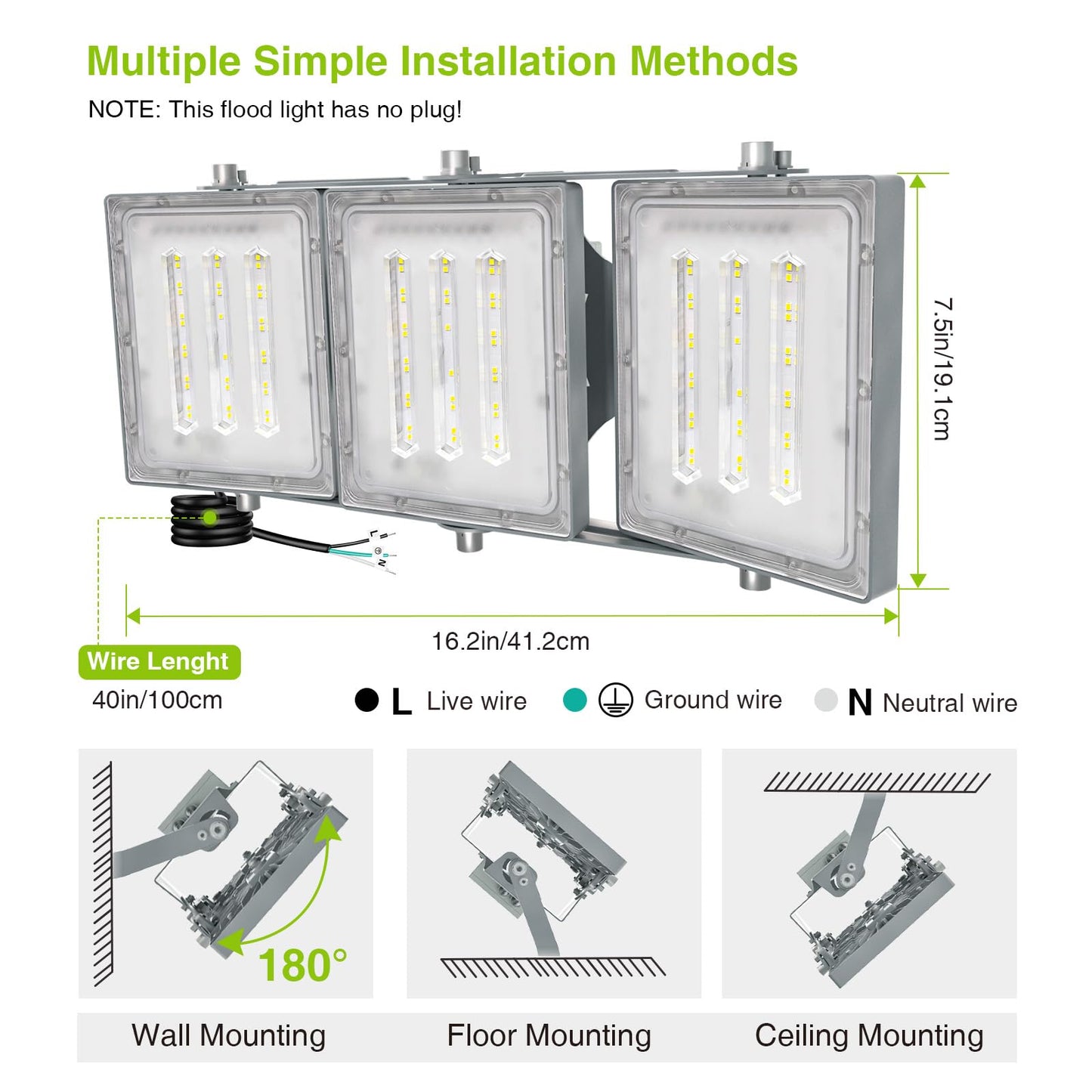STASUN LED Flood Light 150W 15000LM 6000K IP66 Waterproof Adjustable Gray US18-20166