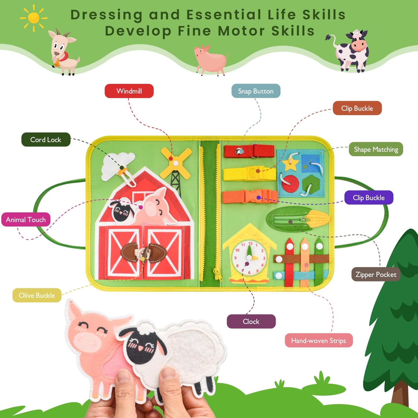 Silouka Toddler Busy Board Montessori Toys, Sensory Board Busy Book for Toddlers 1-3 Birthday Gifts - Preschool Learning Life Skills, Farm Green, 8 Pages