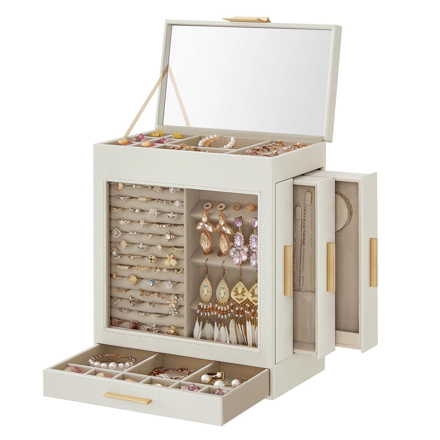SONGMICS Jewelry Box with Glass Window, 5-Layer Jewelry Organizer with 3 Side Drawers, Jewelry Storage, with Big Mirror, Modern,