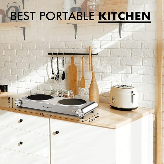 Hot Plate, Techwood Electric Stove Countertop Double Burners for Cooking Infrared Ceramic 1800W Dual Cooktops With Adjustable Temperature Control Brushed Stainless Steel Easy To Clean Upgraded Version