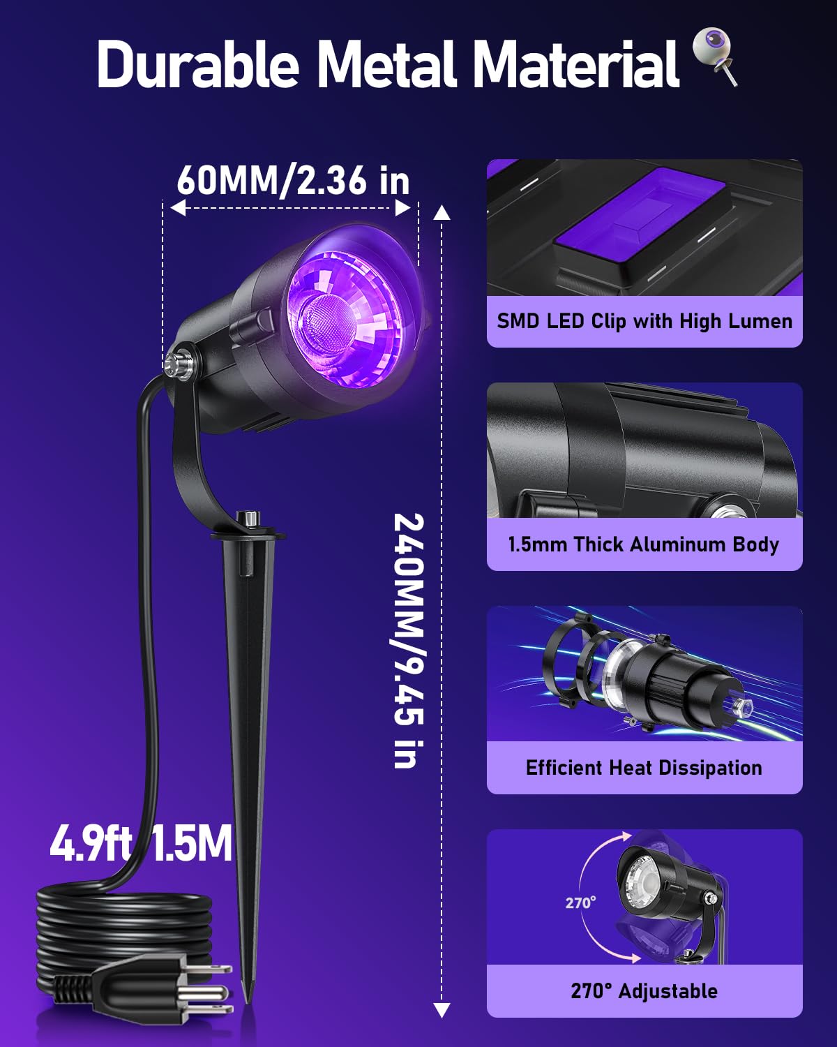 Hiboitec Halloween Black Light Spotlight Outdoor 12W Ip65 Waterproof Led Spot Lights Landscape Lighting With Us Plug For Glow Party Body discomfort-reducingt Yard Garden Decorations 4Packs