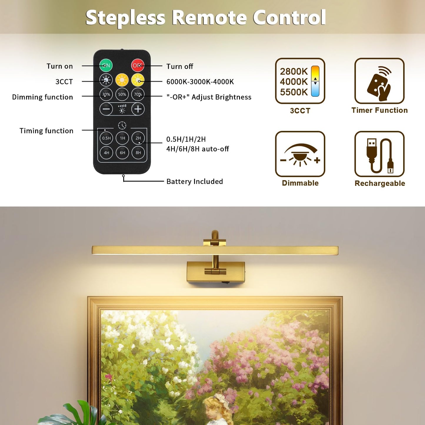 Wireless Picture Lights For Wall Battery Operated  Brass Art Lighting For discomfort-reducingtings Rechargeable Gallery Lights With Remote And Timer 3Cct Dimmable discomfort-reducingting Lights For Artwork Portrait 23.62 Inch