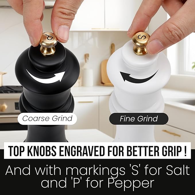 Wooden Black and White, Manual Refilable Large Salt And Pepper Grinder Set, Shaker with Adjustable Ceramic Grinding Mechanism for Customized Coarseness, 8 inches Large, Pack of 2