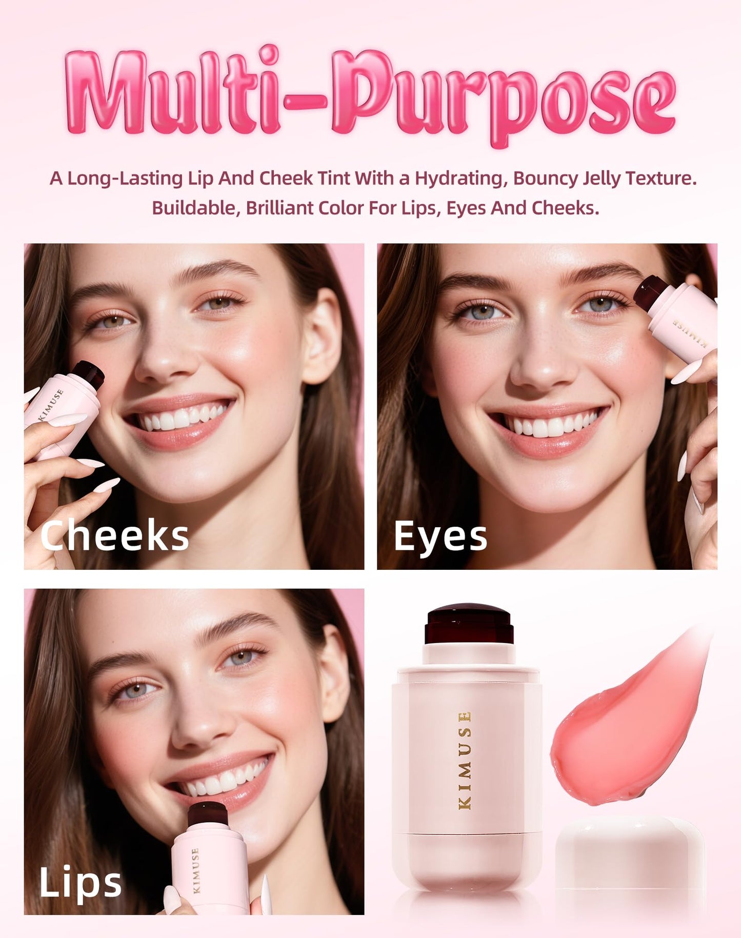 KIMUSE Jelly Cheek & Lip Tint, Watercolor Blush, Multi-Use Makeup, Tint for Cheeks, Lips & Eyes, Lightweight, Sheer & Buildable