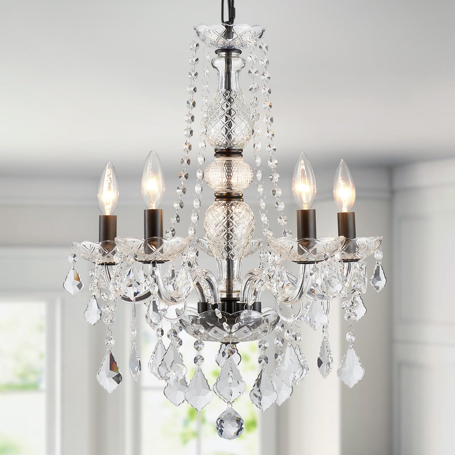 Wuzups Crystal 5-Light Candle Chandelier Pendant Flushmount Ceiling Light Modern Lighting Fixture For Bedroom Hallway Bar Kitchen Bathroom  H 25 X W 20  Black  E12 Base