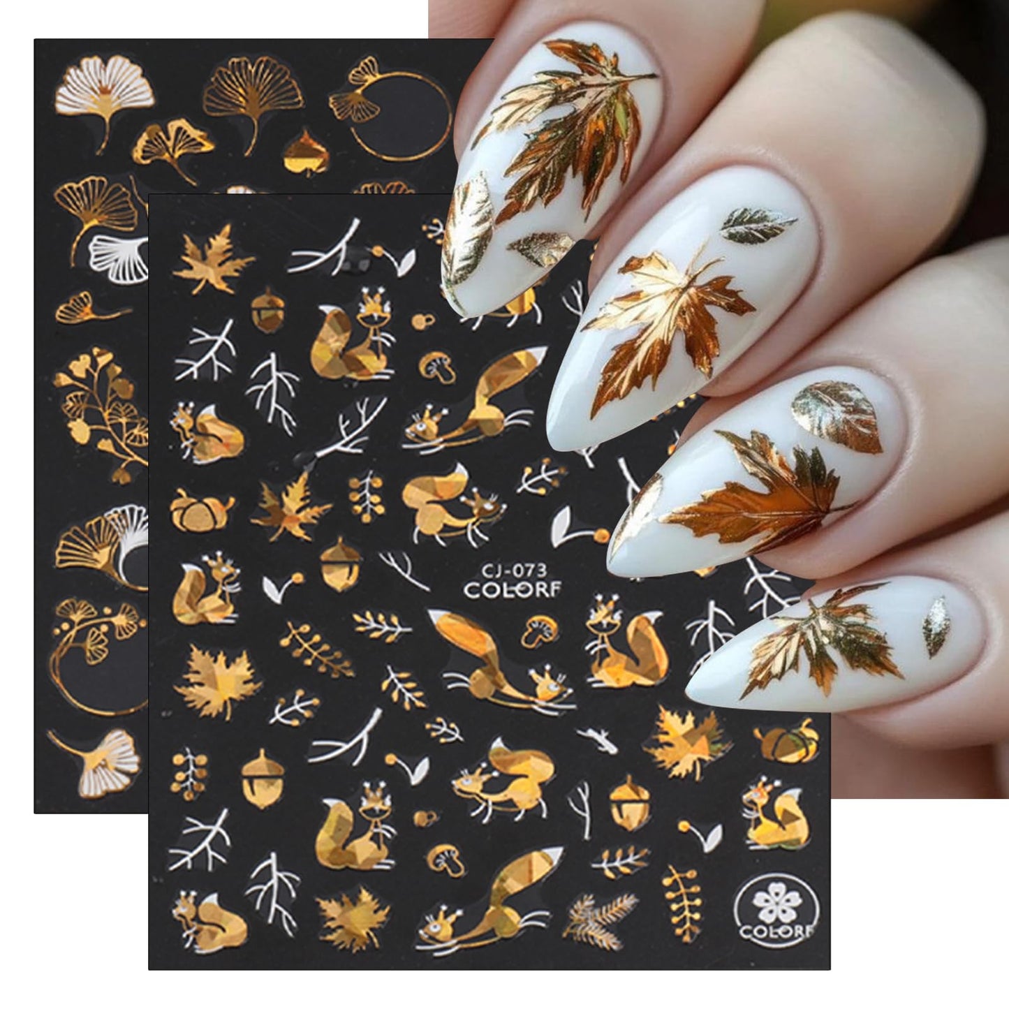 9 Sheets Bronzing Fall Nail Art Stickers 3D Glitter Metallic Maple Leaf Nail Stickers Autumn Laser White Gold Leaves Flower Nail