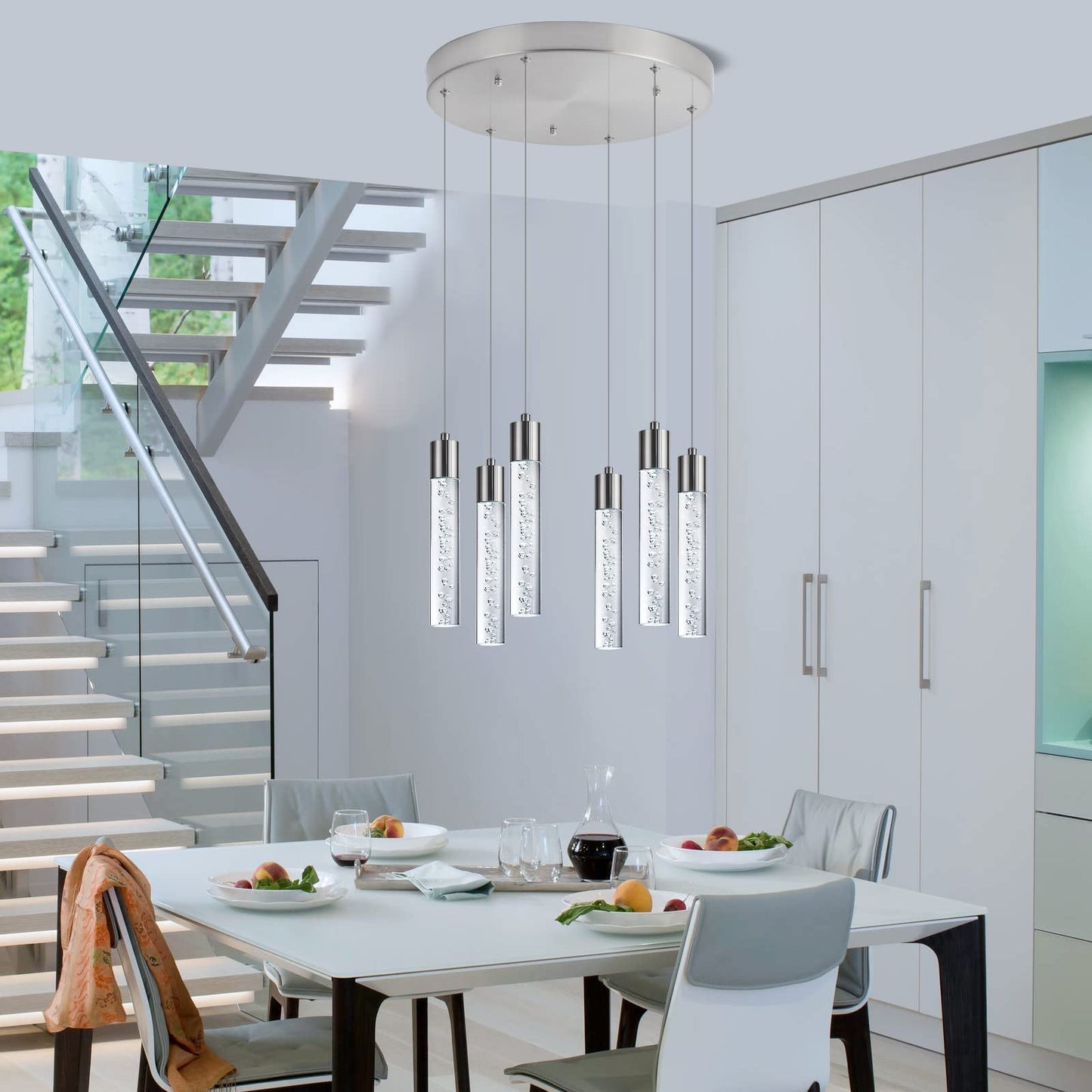Votag Modern Chandeliers For High Ceilings  Brushed Nickel Foyer Pendant Lighting With Preminum Bubbles  Pendant Lights Kitchen 6-Lights Dimmmable For Foyer Dining Room  Kitchen Island Bars