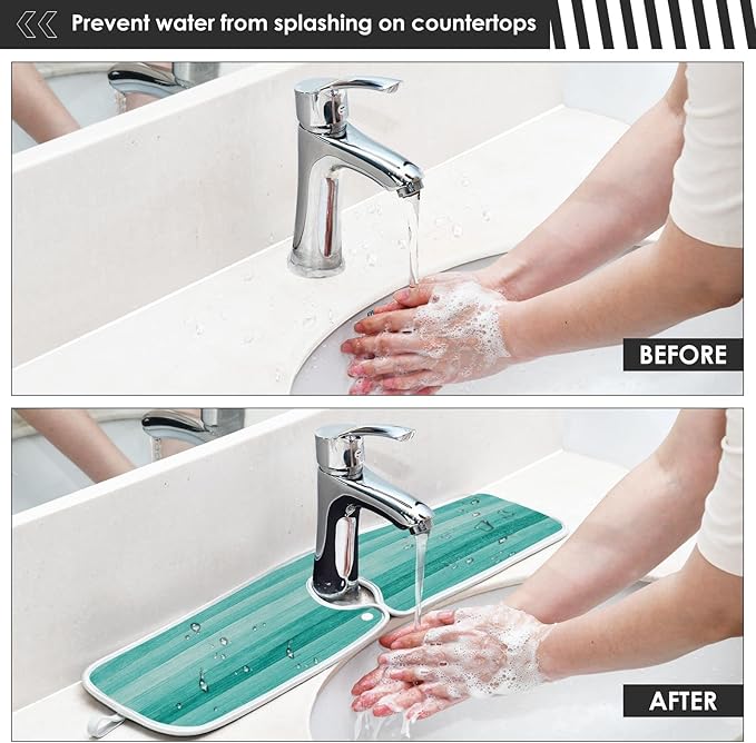 Kitchen Faucet Absorbent Mat,Teal Turquoise Green Wood Water Splash Guard for Sink, Faucet Drip Catcher Thicken Sponge Microfiber Faucet Water Catcher Mat Sink Absorbent Mat for Kitchen 30x5in 2 Pack