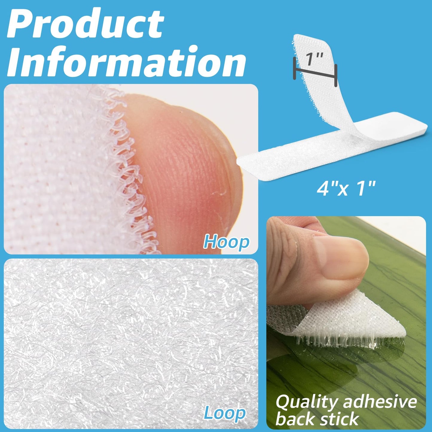 Art3d 16 Sets Hook and Loop Tape Sticky Back,1 in.x 4 in. Double-Sided Command Adhesive Strip Heavy Duty, White