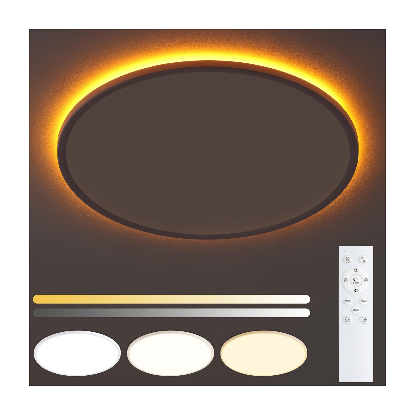 UprizeP Flush Mount Ceiling Light with Remote, 15in, 36W LED, 1800K Nightlight & 3000-6500K Dimmable, White, Model