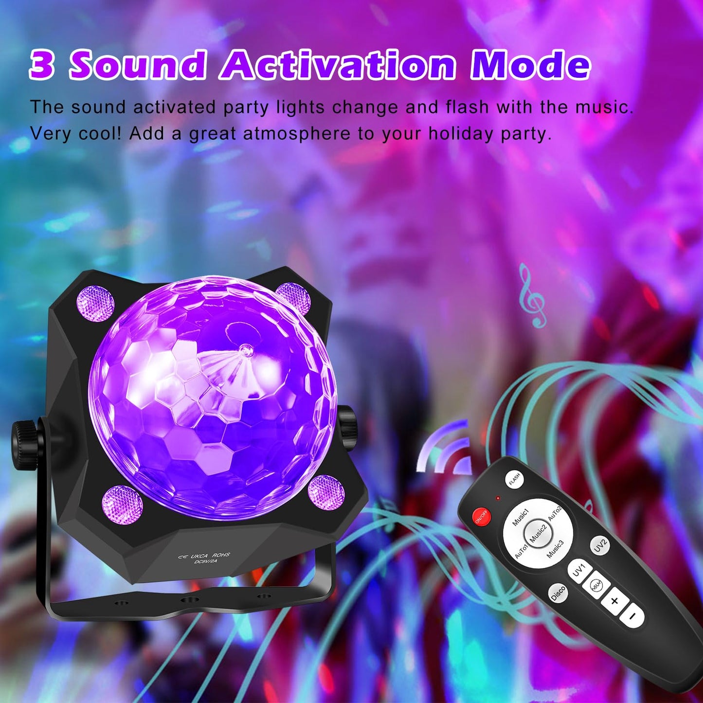 DJPTYGCK 2 in 1 Glow Party Black Light Disco Ball Light with Sound Activated Strobe Dj Party Lights Black Lights, for Halloween Christmas Birthday Decor Classroom Room Family Party Decor
