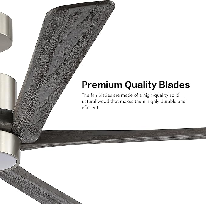 WINGBO 54 Inch DC Ceiling Fan with Lights and Remote Control, 5 Reversible Carved Wood Blades, 6-Speed Noiseless DC Motor, Modern Ceiling Fan in Brushed Nickel Finish with Gray Blades, ETL Listed