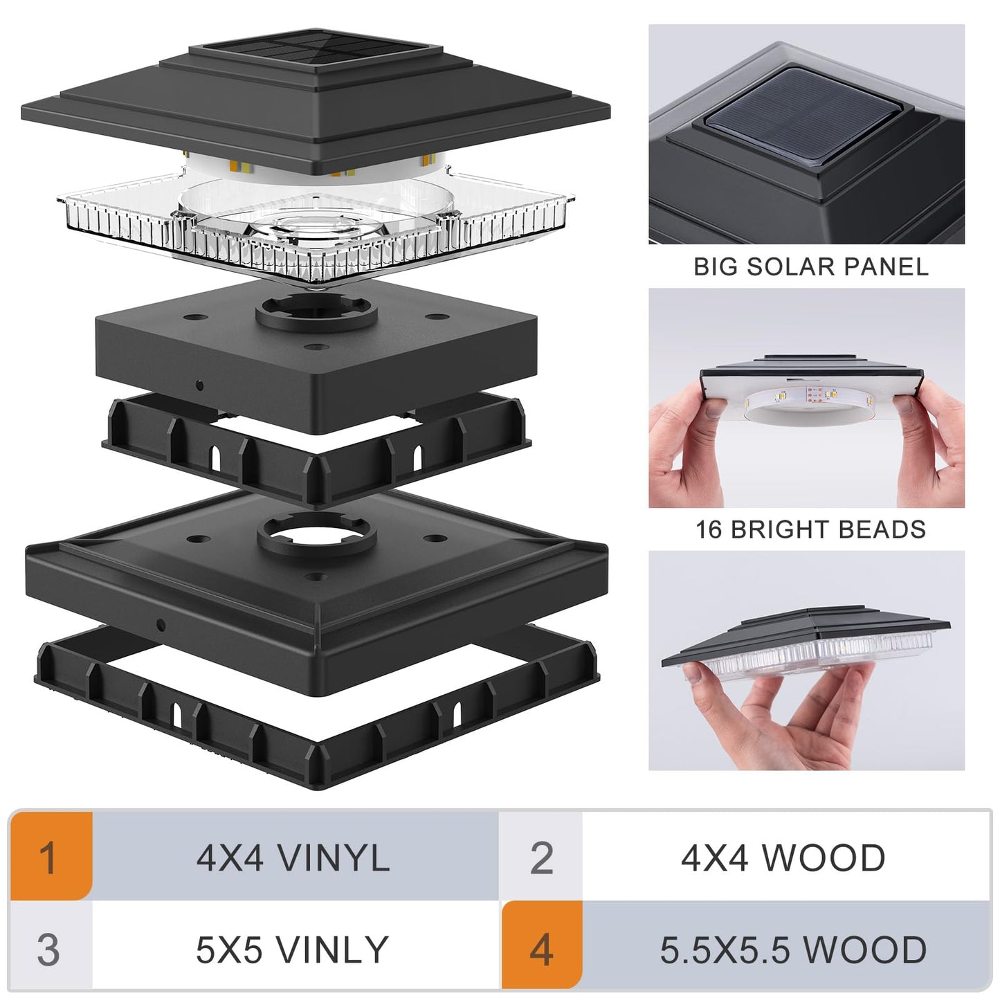 Aponuo Solar Post Cap Lights 16-Pack  Black Ip64 Waterproof 16 Led Fence Post Solar Lights For 4X4 5X5 6X6 Wood/Vinyl Posts  2-Mode Deck Post Lights Solar Powered  10-Hr Lighting For Patio Yard Porch