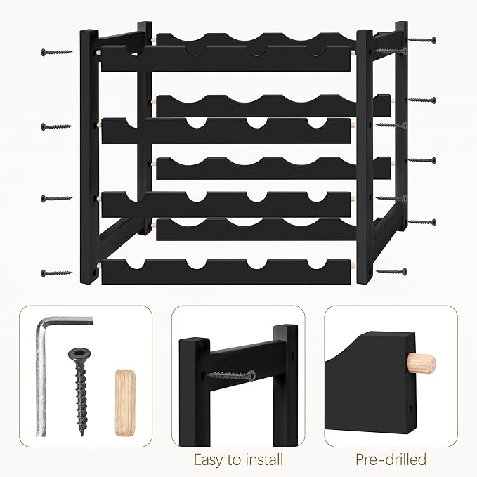 VASMIA Wine Rack, 4-Tier Bamboo Wine Racks Countertop,Sturdy and Durable Wine Storage Cabinet Shelf,16 Bottles Wine Holder for Kitchen Pantry, Black