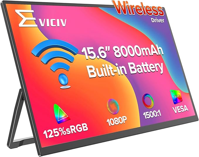 EVICIV Wireless Portable Monitor with 8000mAh Battery, 15.6" Wireless Monitor, Support AirPlay, Miracast Laptop Display, U...