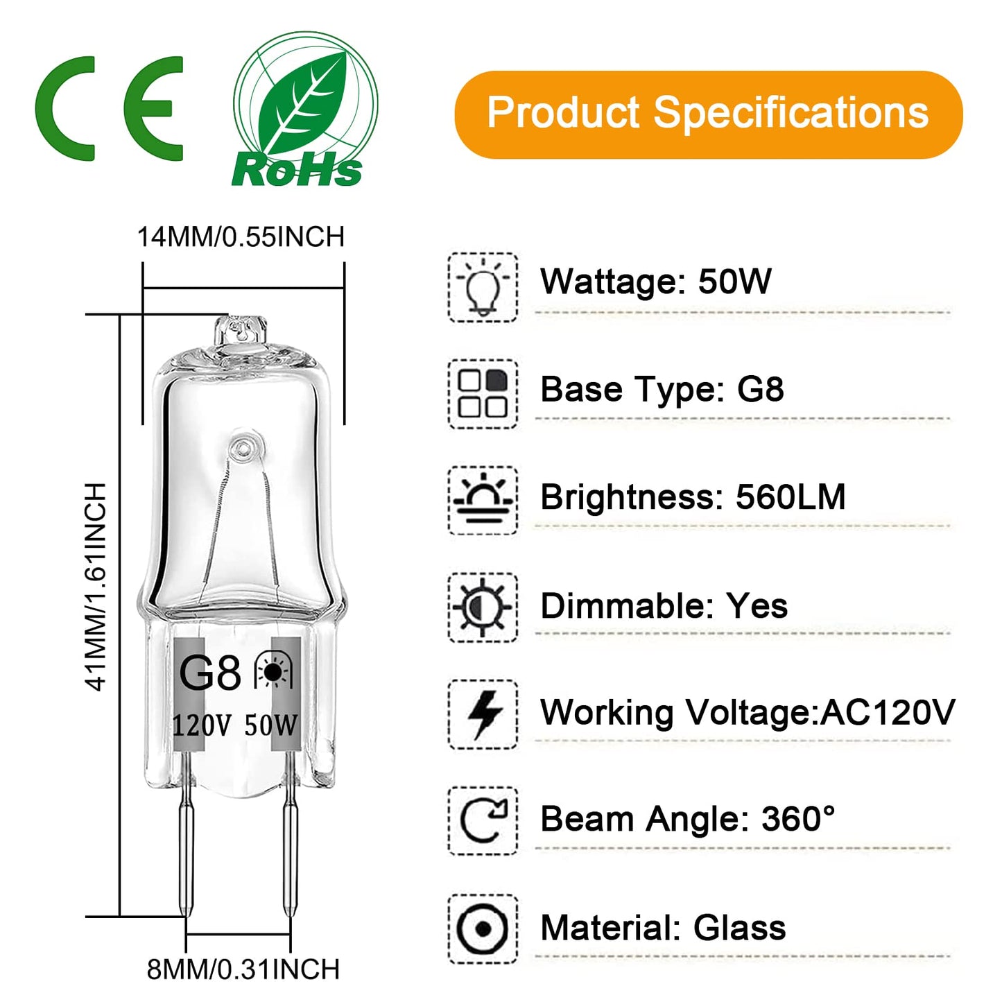 Lacnooe G8 Halogen Light Bulbs 50W 120V Dimmable Xenon Warm White 2700K, 10 Count, Glass For Kitchen, Landscape, Desk,