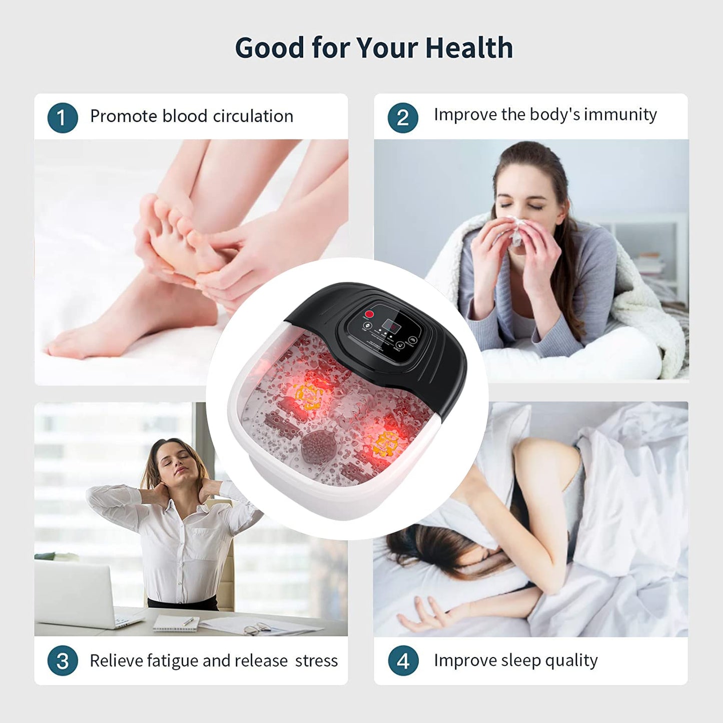 RIGHTMELL Foot Spa Massager with Heat, Bubbles & Vibration, Medium, Black/White, Model FT001