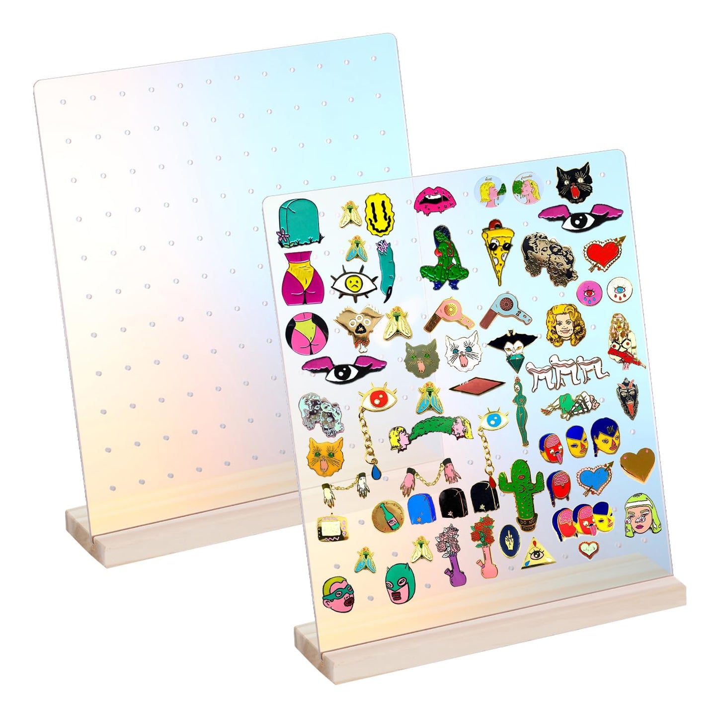 JUXYES Pack of 2 Clear Acrylic Enamel Pin Display Stand with Wooden Base, Tabletop Pin Organizer Display Storage Stand, Enamel P