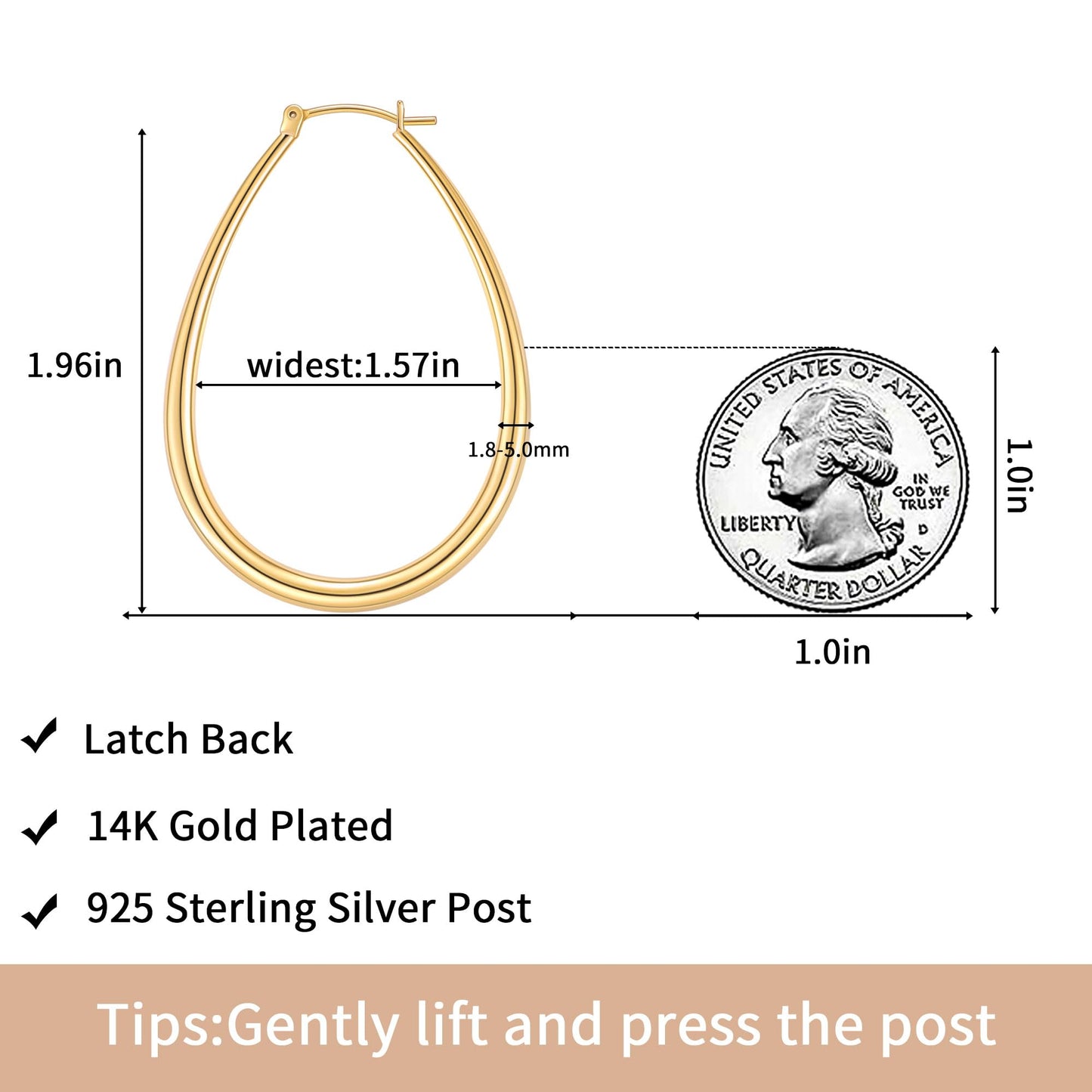 Gacimy Gold Chunky Hoop Earrings for Women, 14K Gold Plated Oval Hoop Big Earrings with 925 Sterling Silver Post, 50mm Yellow Co